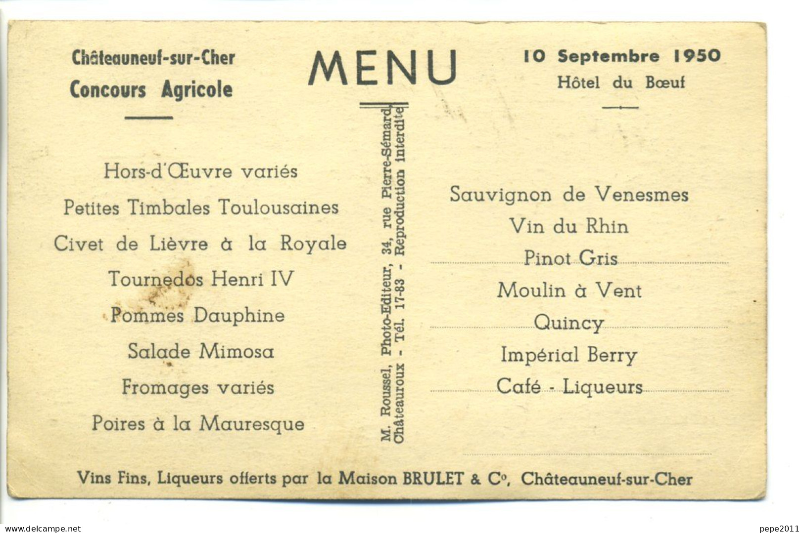 CPA 18  Châteauneuf Sur Cher - Concours Agricole 1950 - Menu De Hôtel Du Bœuf Sur Carte "Au Berry"   Bergère Et Moutons - Chateauneuf Sur Cher