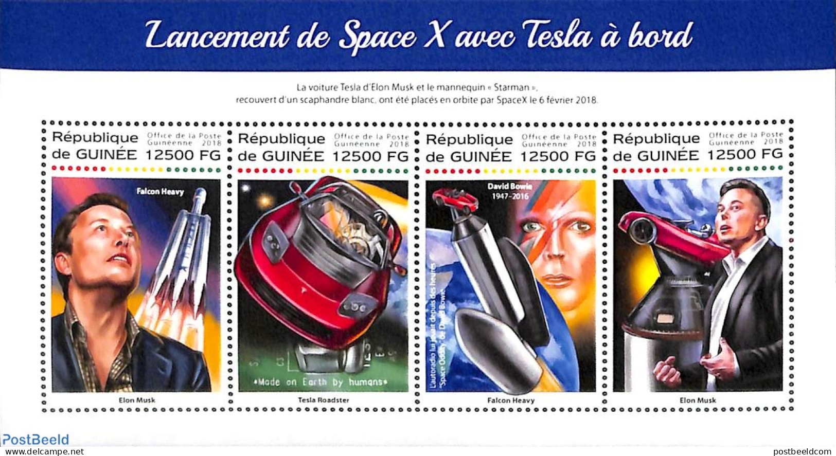 Guinea, Republic 2018 Space Flight With Tesla Car 4v M/s, Mint NH, Transport - Automobiles - Space Exploration - Autos