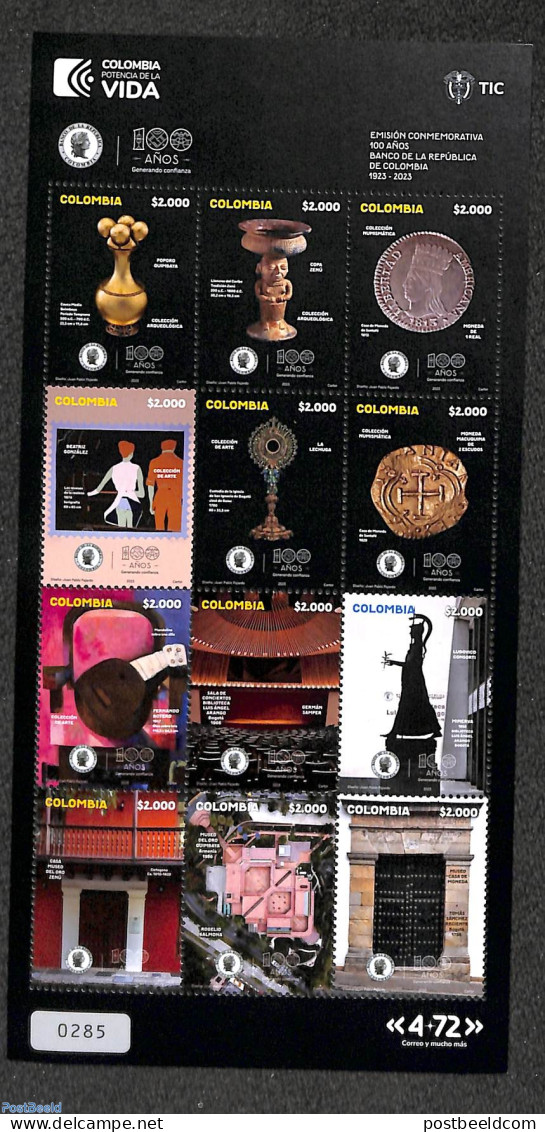 Colombia 2023 100 Years National Bank 12v M/s, Mint NH, Various - Banking And Insurance - Money On Stamps - Art - Art .. - Coins