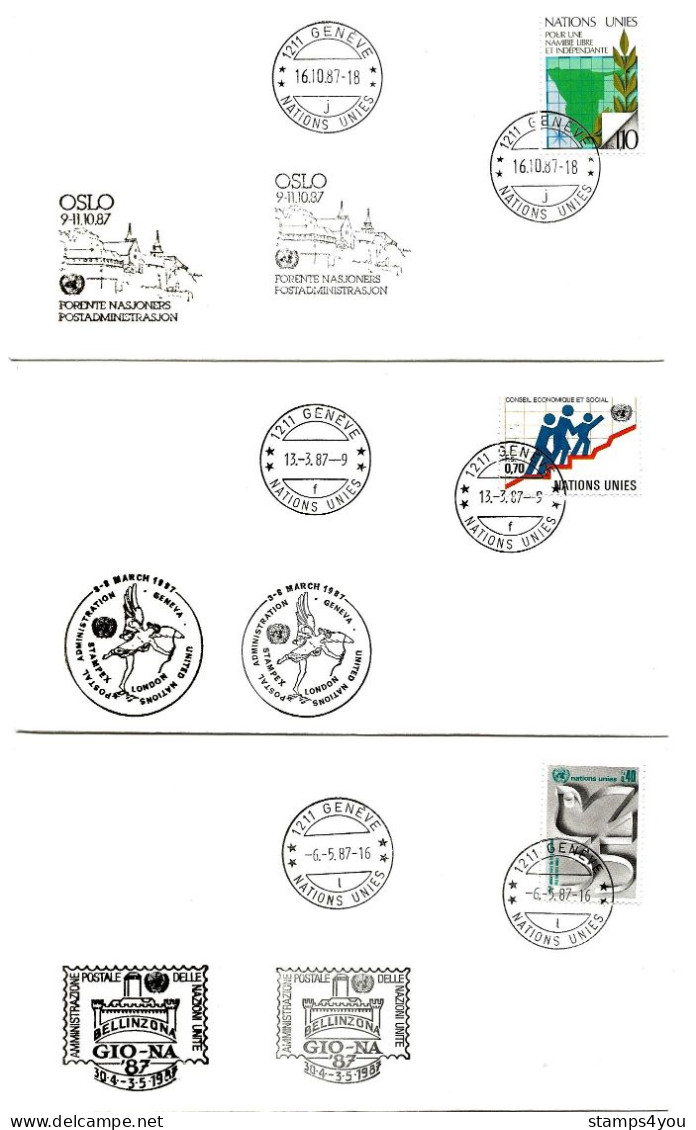T - 6  - 3 Enveloppes  Nations Unies Genève - Expos Philatéliques 1987 - Bellinzona - London - Oslo - Briefmarkenausstellungen