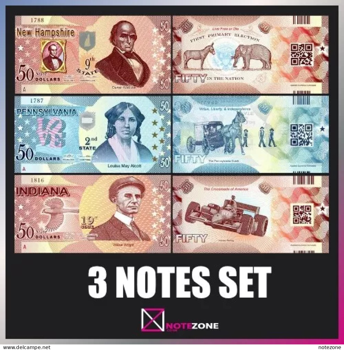 3 Notes Ser! Thomas Stebbins USA $50 STATES Polymer Fantasy Private Banknote Note - Sets & Sammlungen
