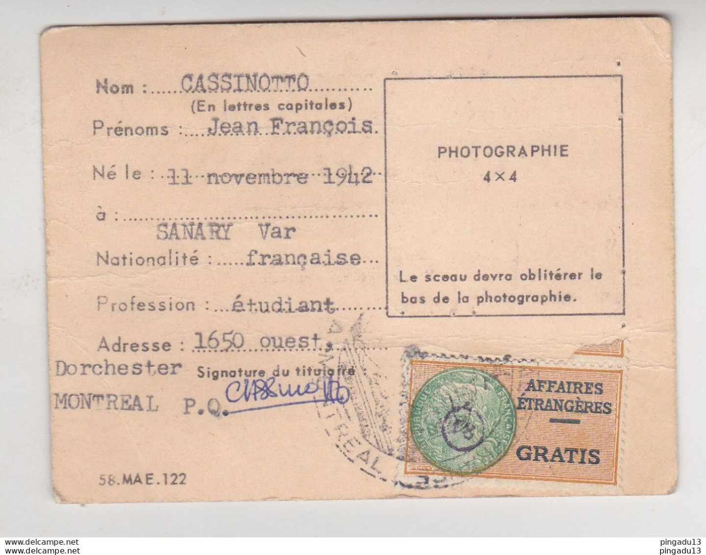 Fixe France Timbre Fiscal Gratis Sur Carte D'identité Consulat De France Montréal Canada 2 Mai 1961 - Brieven En Documenten