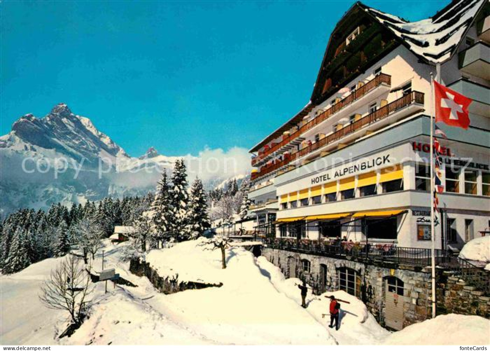 12678627 Braunwald GL Hotel Alpenblick Winterpanorama Alpen Schweizer Flagge Bra - Altri & Non Classificati