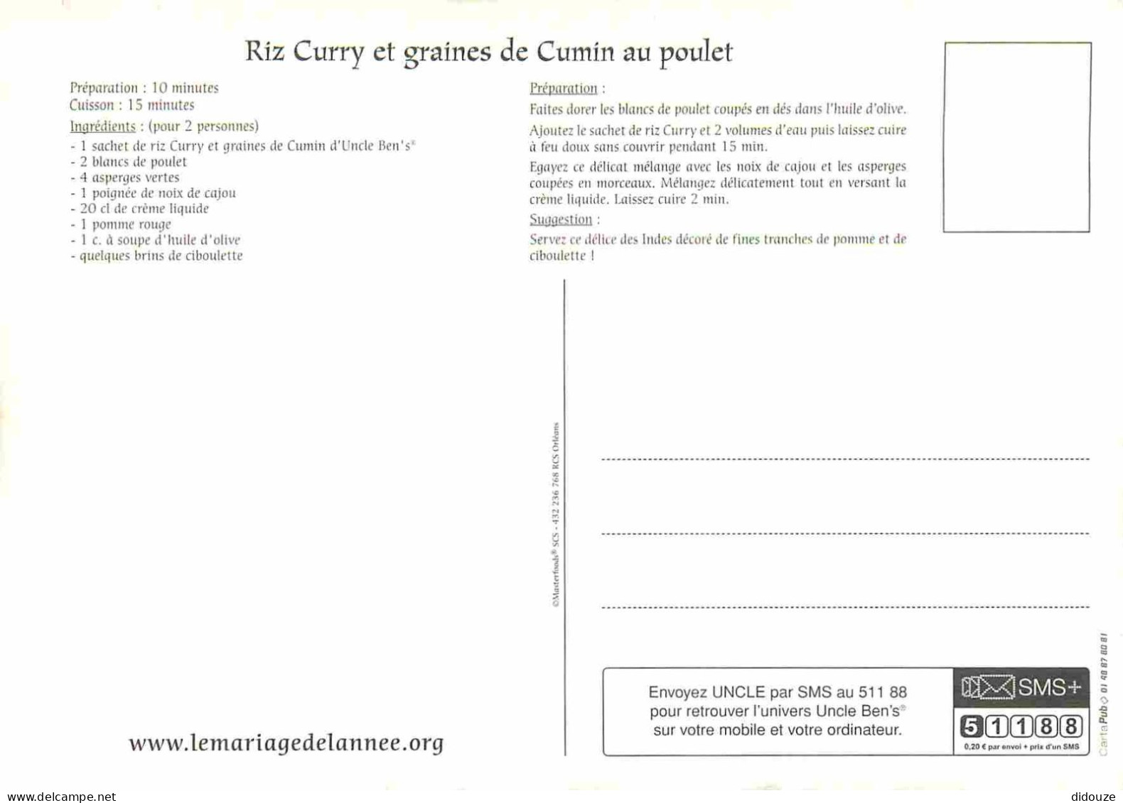 Recettes De Cuisine - Riz Curry Et Graines De Cumin Au Poulet - Carte Publicitaire Uncle Ben's - Gastronomie - CPM - Car - Küchenrezepte