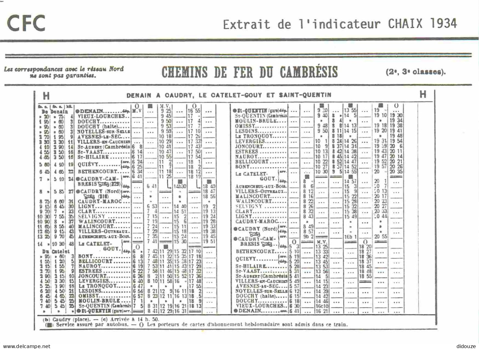 Trains - Trains - Chemin De Fer Du Cambrésis - Extrait De L'indicateur Chaix 1934 - CPM - Voir Scans Recto-Verso - Trains