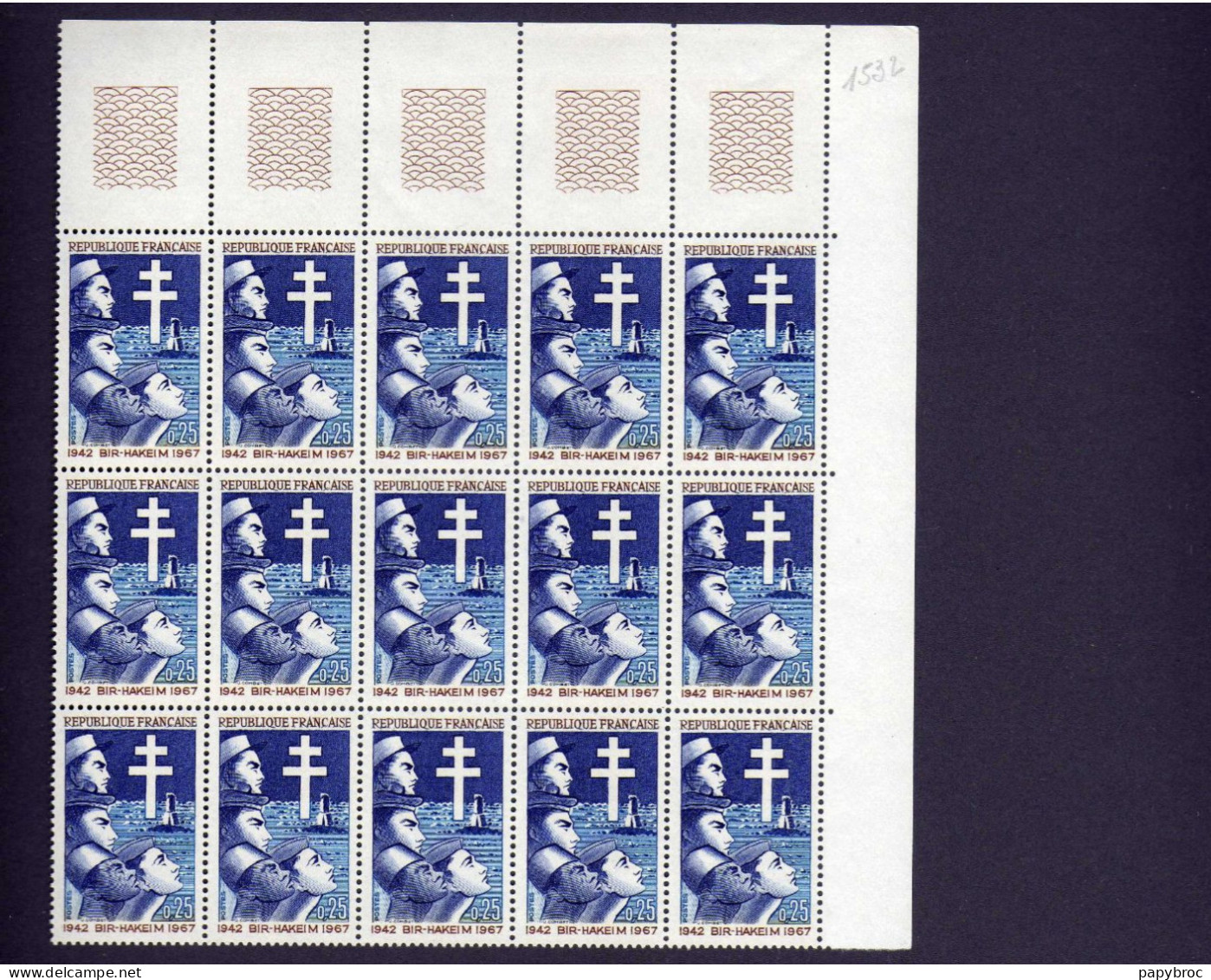 BIR-HAKEIM 0,25 F N° 1532 Yvert&T - Planche De 15 Timbres - Neuf -Très Bon état - Unused Stamps