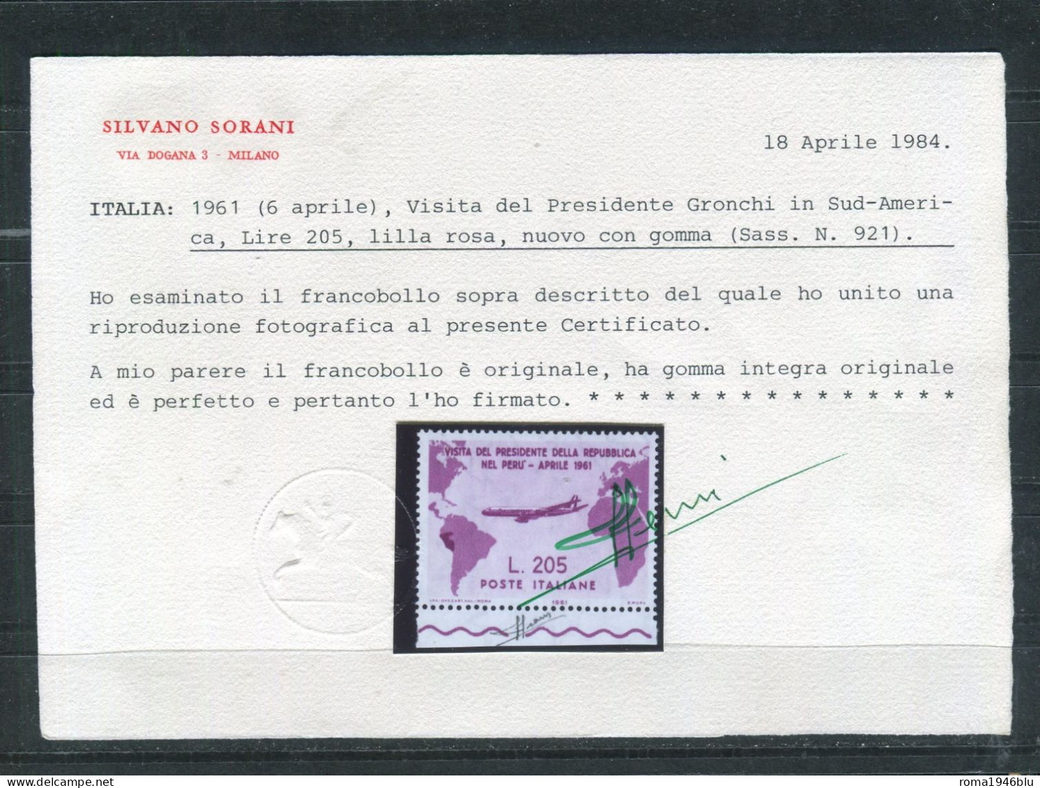 REPUBBLICA 1961 GRONCHI ROSA FIOR DI STAMPA BORDO DI FOGLIO  ** MNH CERT. SORANI - 1961-70: Mint/hinged