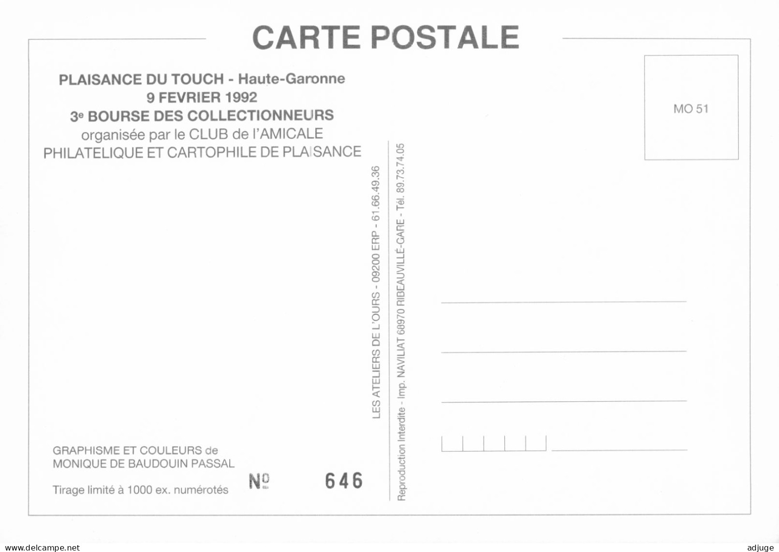 CPM-31- PLAISANCE-du-TOUCH - Bourse Des Collectionneurs 1992 _ N°646* Amicale Cartophile- Illustr. M. De Baudouin Passal - Andere & Zonder Classificatie