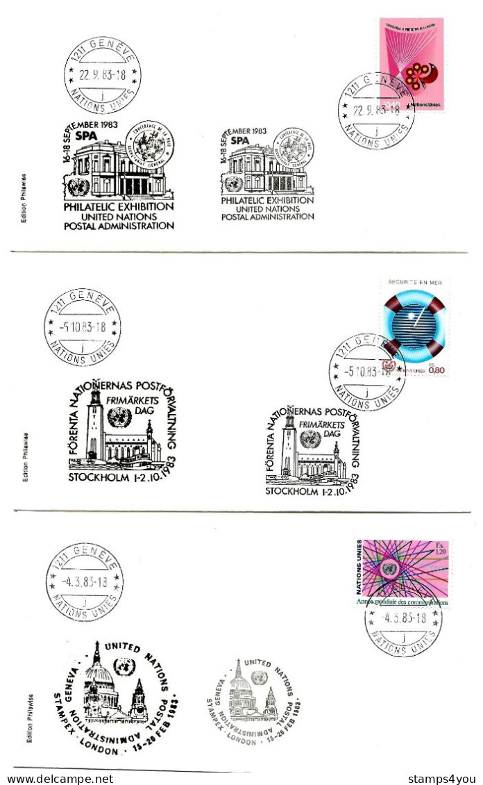 T - 7  - 3 Enveloppes  Nations Unies Genève - Expos Philatéliques 1983 - Pau - Stockholm - London - Briefmarkenausstellungen