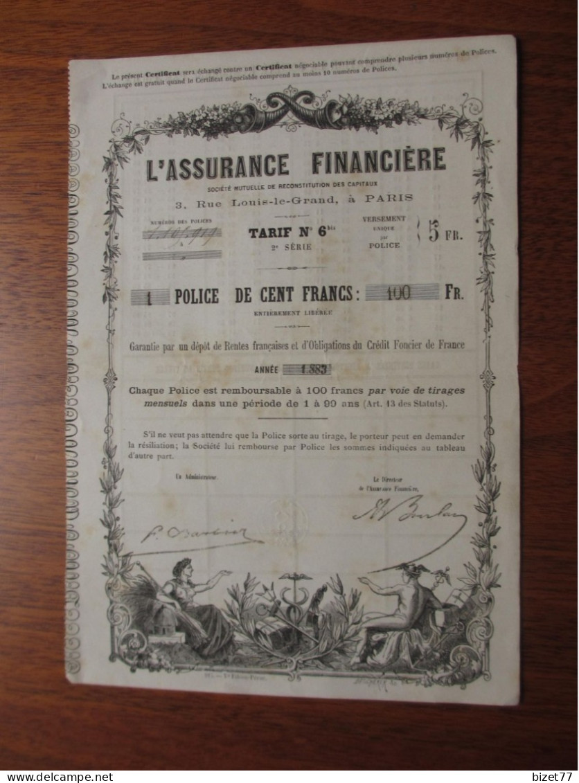 FRANCE - PARIS 1883 - L'ASSURANCE FINANCIERE - POLICE DE 100 FRS - BELLE DECO - Other & Unclassified