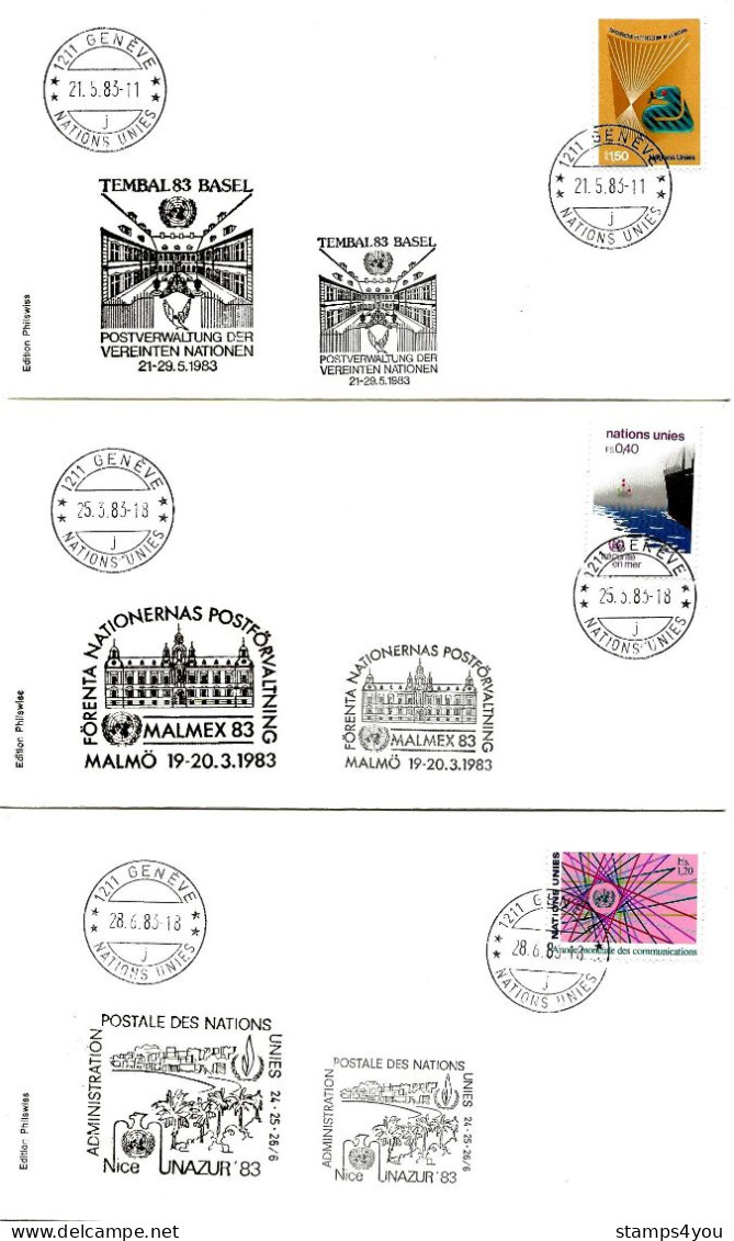 T - 8  - 3 Enveloppes  Nations Unies Genève - Expos Philatéliques 1983 - Tembal - Malmex - Unazur - Expositions Philatéliques