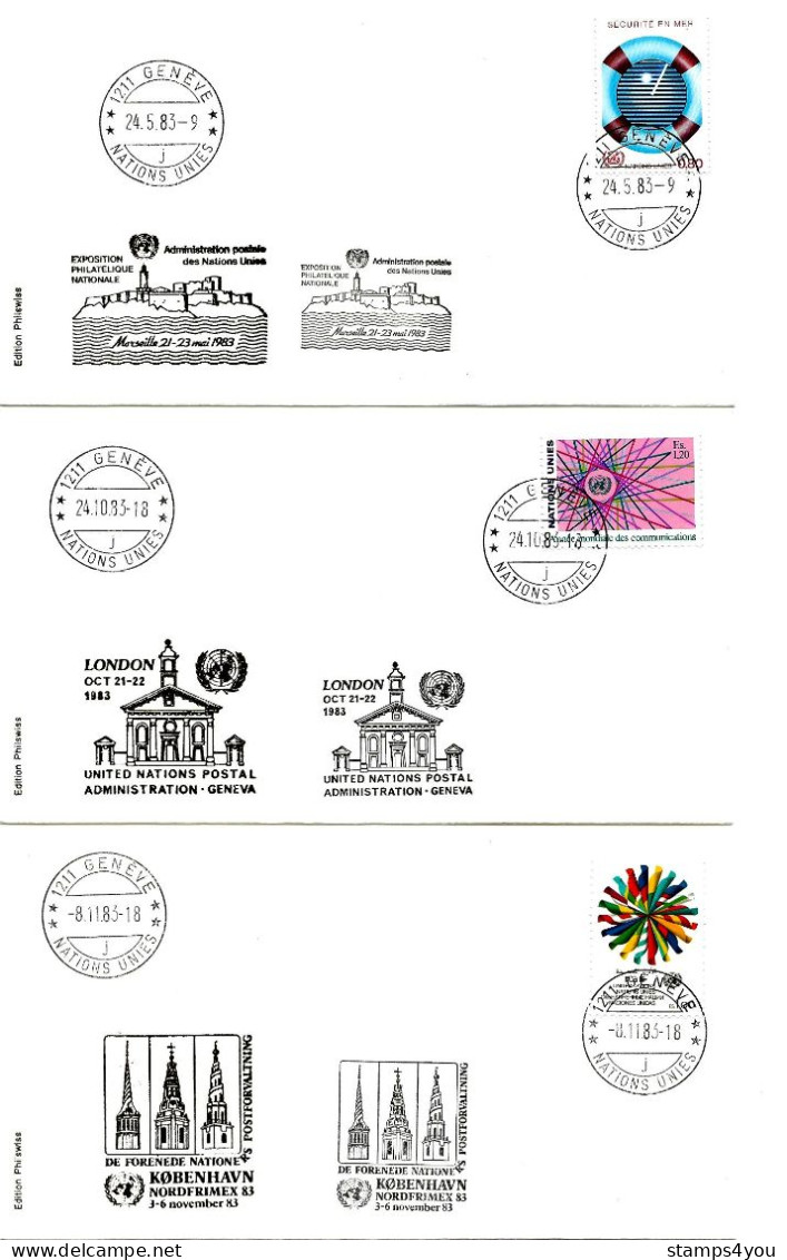 T - 9  - 3 Enveloppes  Nations Unies Genève - Expos Philatéliques 1983 - Marseille - Copenhague - London - Philatelic Exhibitions