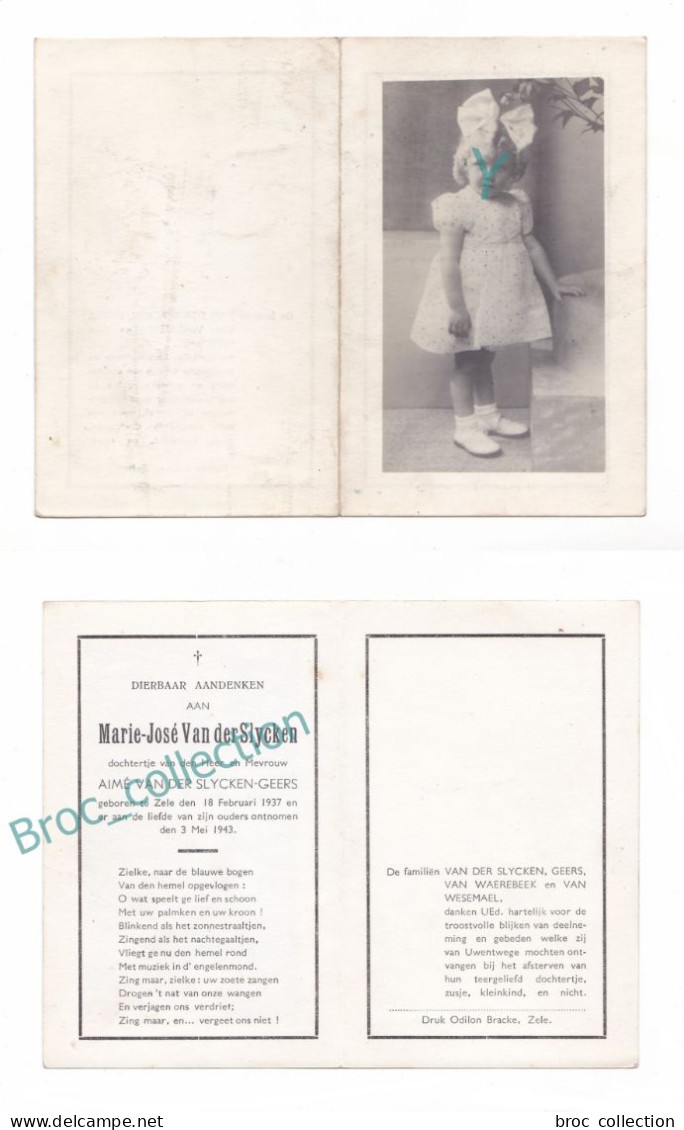 Zele, Doodsprentje Van Marie-José Van Der Slycken (Geers), 3/05/1943, 6 Ans, Kind, Enfant, Fillette, Mémento, Décès - Devotion Images
