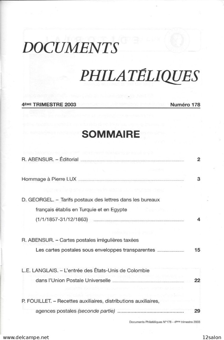 ACADEMIE DE PHILATELIE DOCUMENTS PHILATELIQUES N° 178 + Sommaire - Other & Unclassified