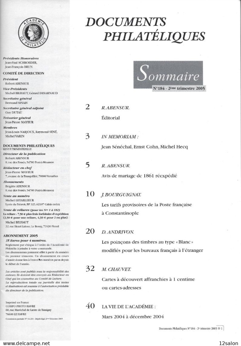 ACADEMIE DE PHILATELIE DOCUMENTS PHILATELIQUES N° 184 + Sommaire - Sonstige & Ohne Zuordnung