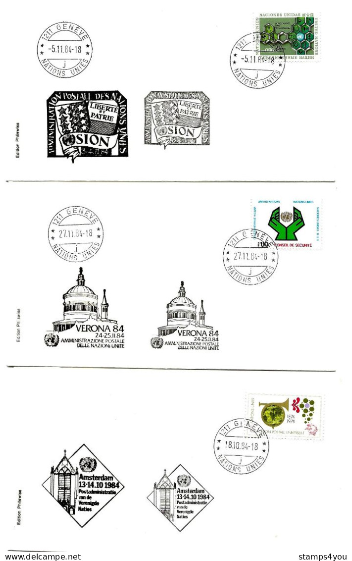 T - 10  - 3 Enveloppes  Nations Unies Genève - Expos Philatéliques 1984 - Sion - Verona - Amsterdam - Lettres & Documents