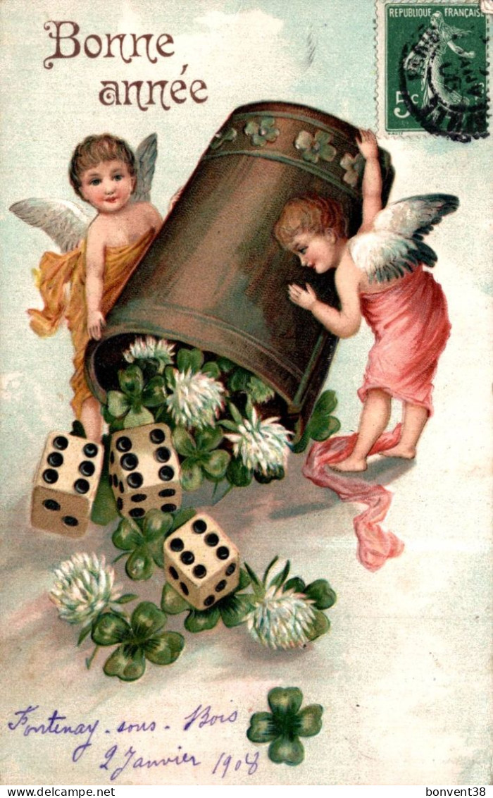 K1405 - ANGES - BONNE ANNÉE - DÉS - Carte Gaufrée - Angeles