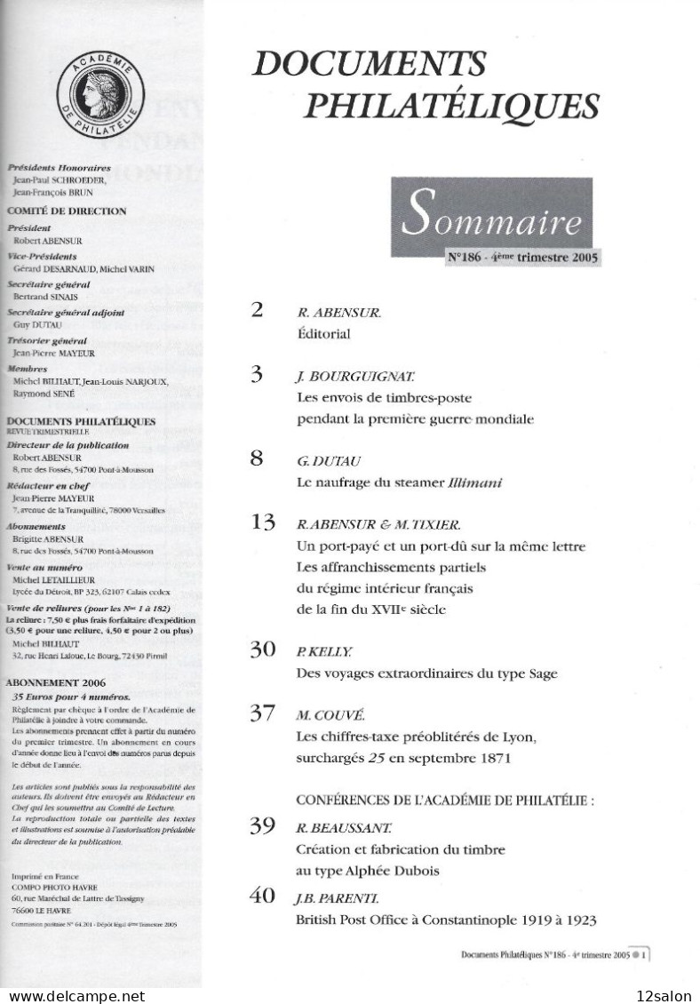 ACADEMIE DE PHILATELIE DOCUMENTS PHILATELIQUES N° 186 + Sommaire - Otros & Sin Clasificación