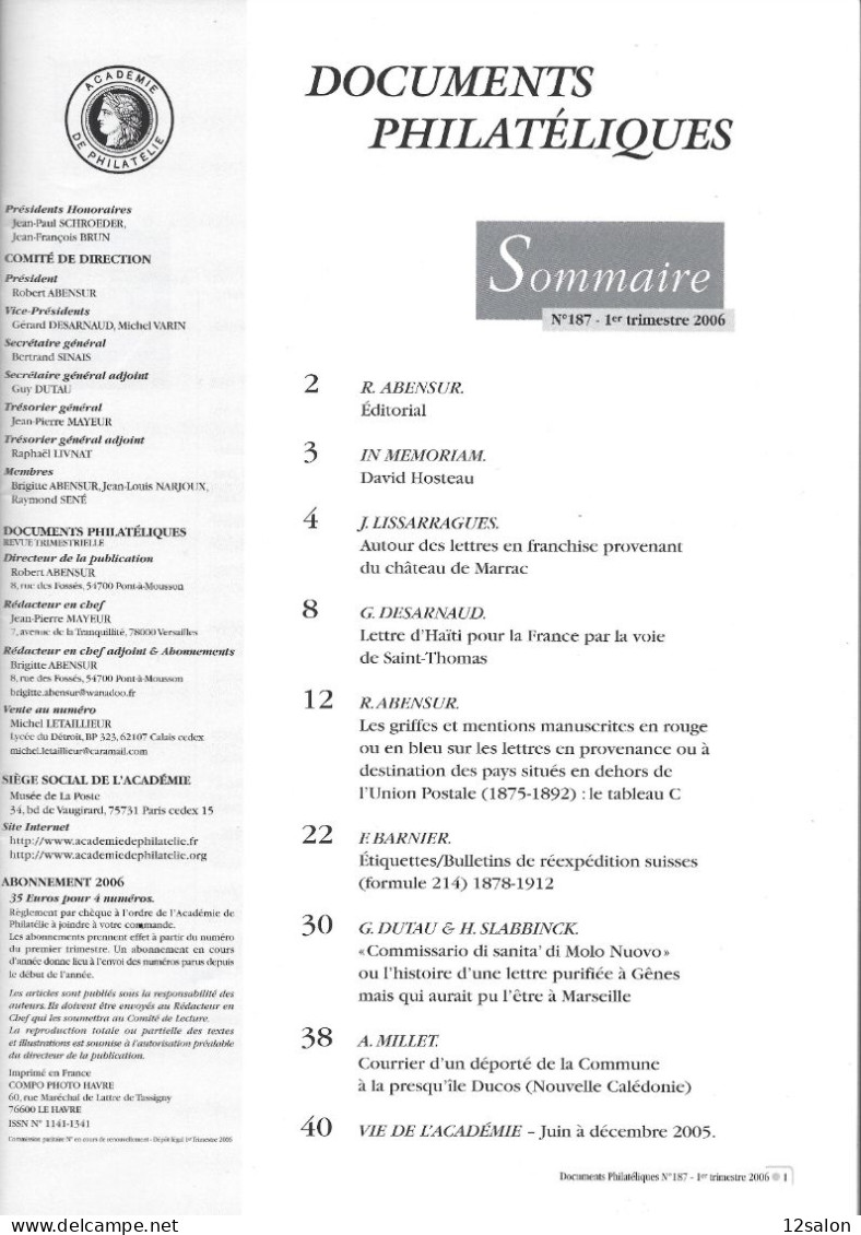 ACADEMIE DE PHILATELIE DOCUMENTS PHILATELIQUES N° 187 + Sommaire - Sonstige & Ohne Zuordnung