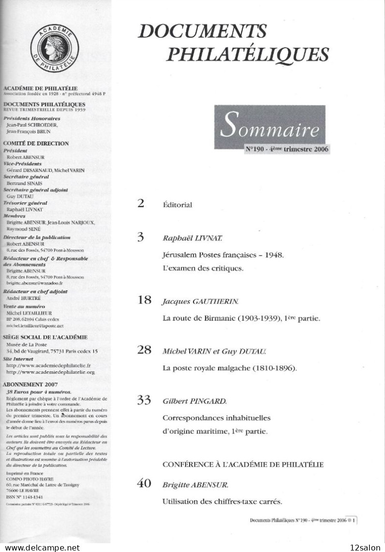 ACADEMIE DE PHILATELIE DOCUMENTS PHILATELIQUES N° 190 + Sommaire - Altri & Non Classificati