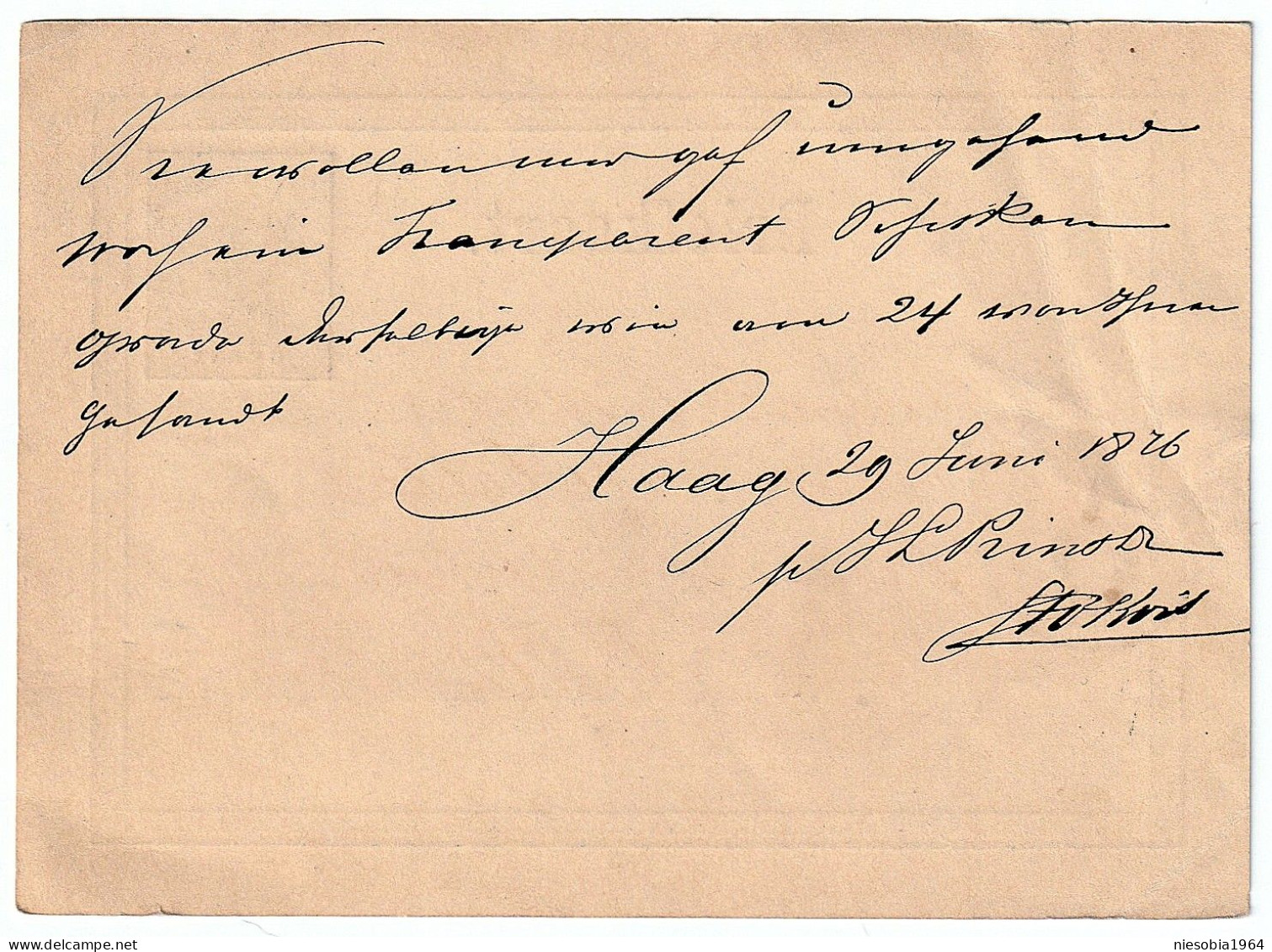 Vintage Postal Stationery XIX C. Dutch Postcard. / Briefkaart 's-Gravenhage 29.06.1876 - Brieven En Documenten