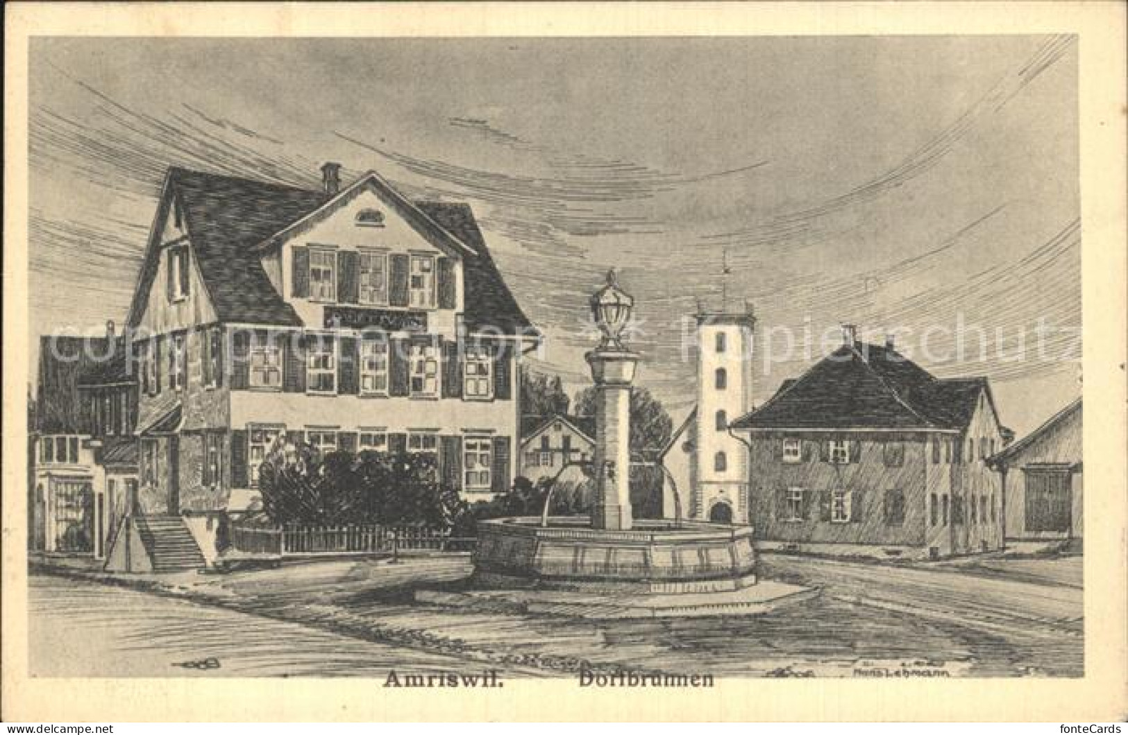 12635107 Amriswil TG Dorfbrunnen Federstrich Hans Lehmann Kuenstlerkarte Amriswi - Autres & Non Classés