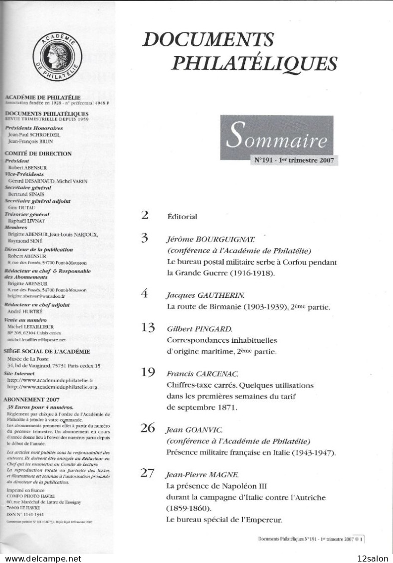 ACADEMIE DE PHILATELIE DOCUMENTS PHILATELIQUES N° 191 + Sommaire - Andere & Zonder Classificatie