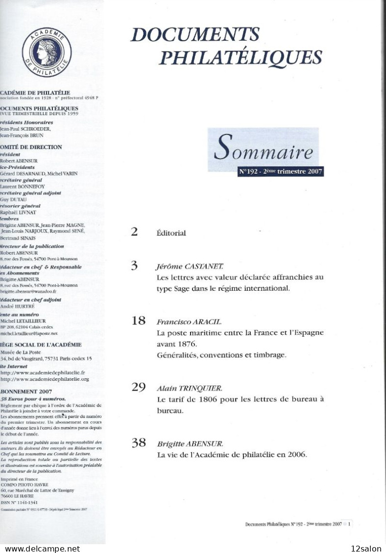 ACADEMIE DE PHILATELIE DOCUMENTS PHILATELIQUES N° 192 + Sommaire - Other & Unclassified