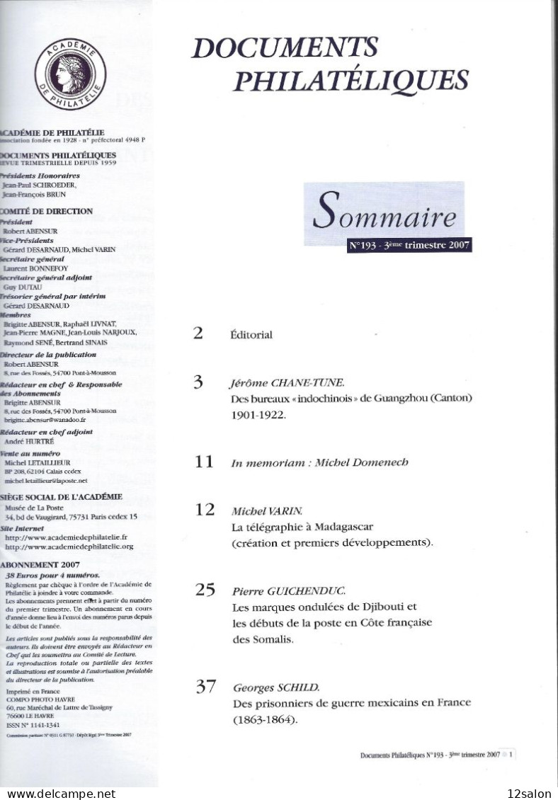 ACADEMIE DE PHILATELIE DOCUMENTS PHILATELIQUES N° 193 + Sommaire - Altri & Non Classificati