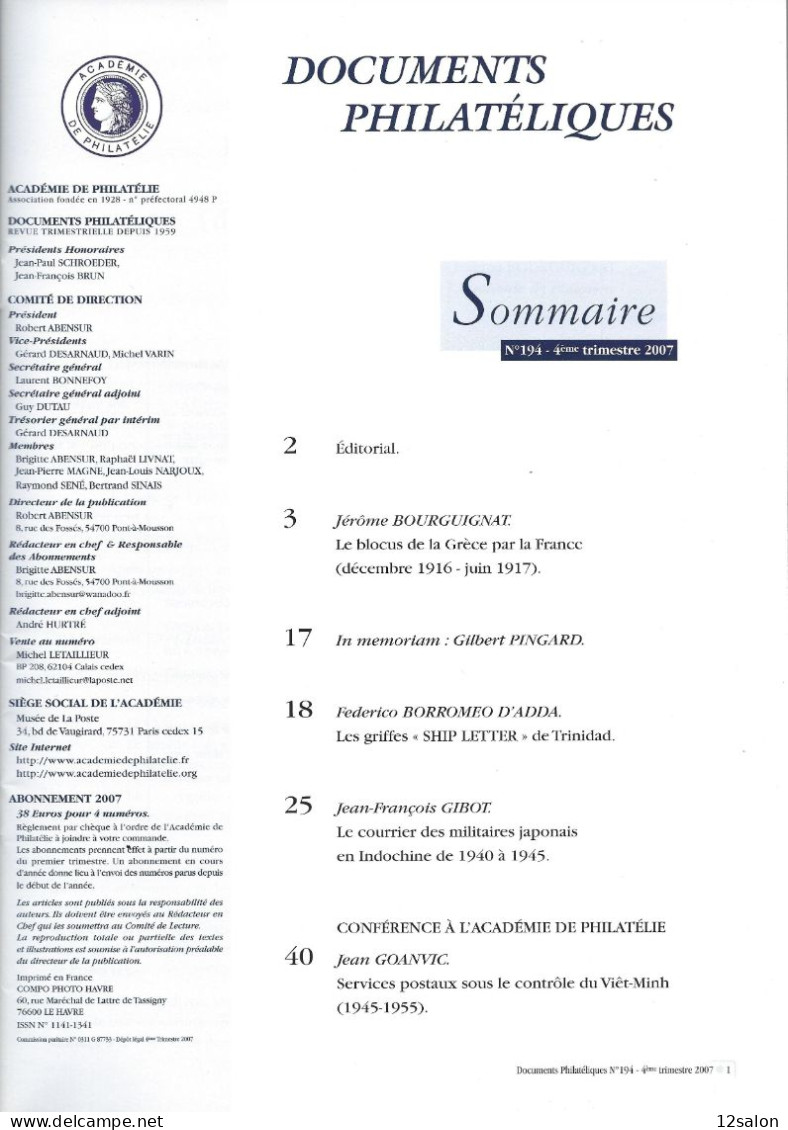 ACADEMIE DE PHILATELIE DOCUMENTS PHILATELIQUES N° 194 + Sommaire - Sonstige & Ohne Zuordnung
