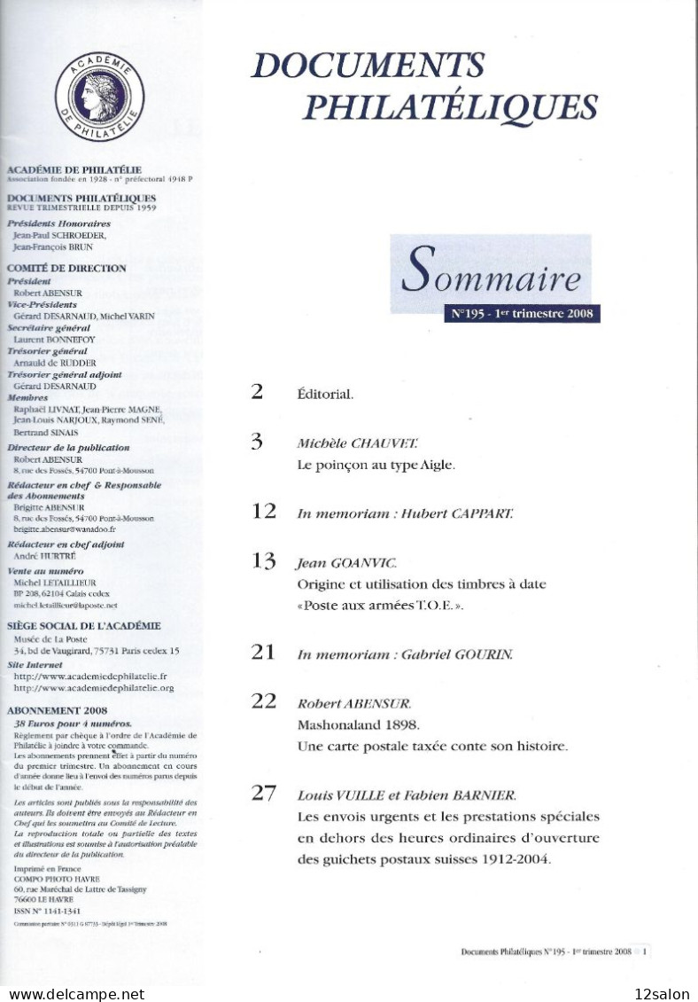 ACADEMIE DE PHILATELIE DOCUMENTS PHILATELIQUES N° 195 + Sommaire - Otros & Sin Clasificación