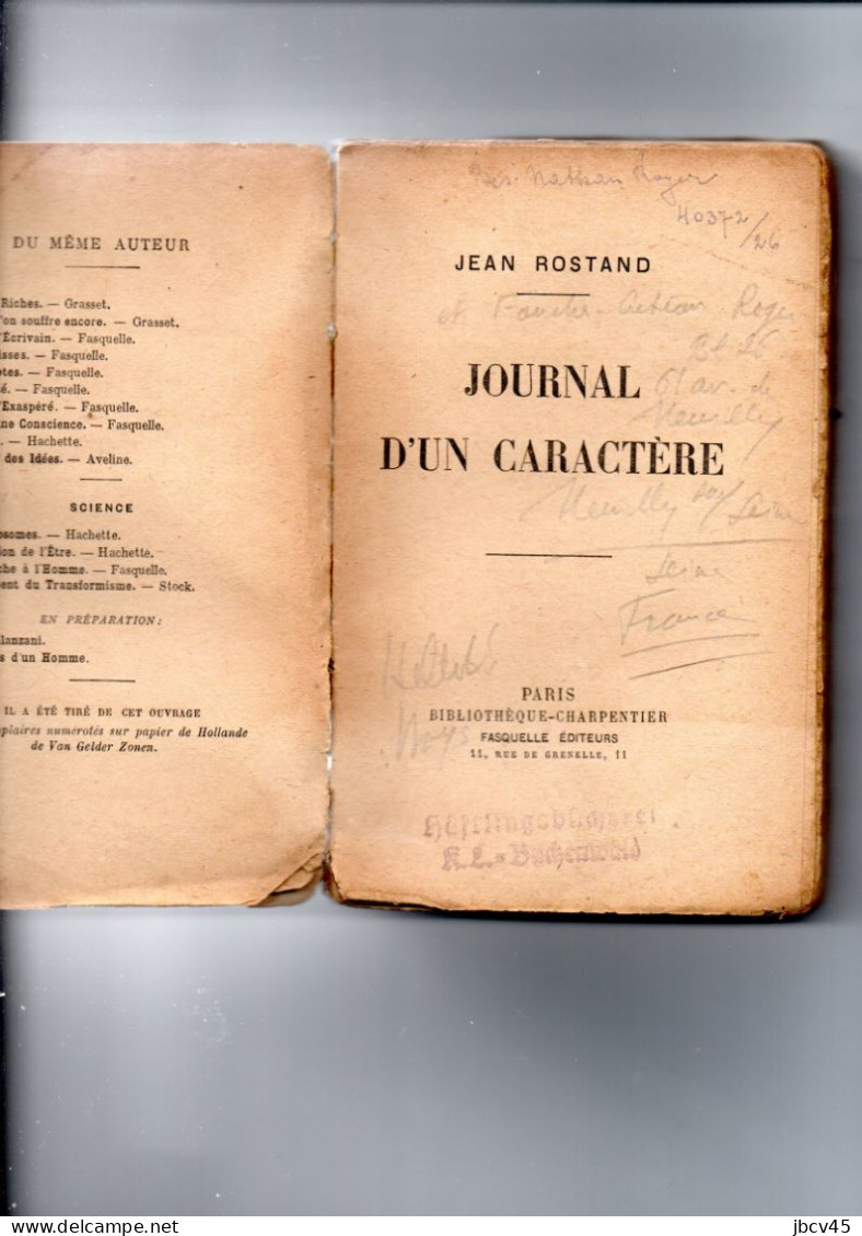 JOURNAL D UN CARACTERE J.Rostand Livre Chargé D Histoire Provenant  Voir Cachets Du "Frantstalag 122  Geprùft6" - Auteurs Classiques