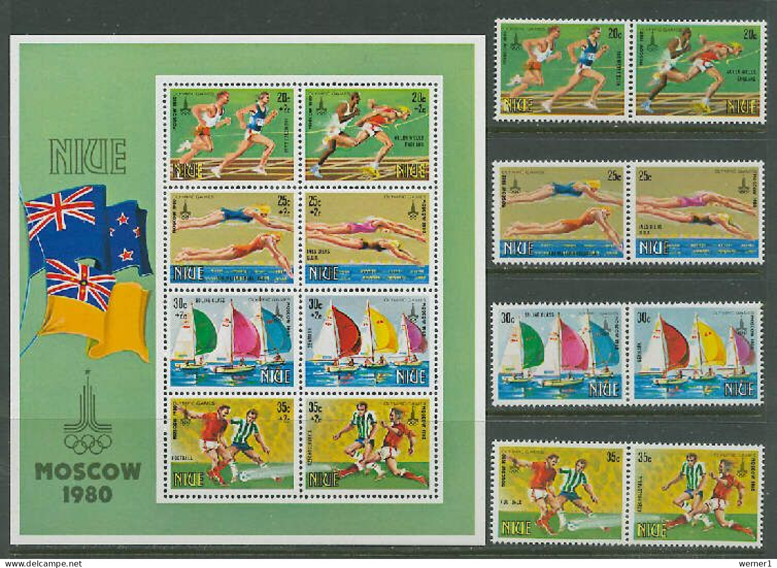 Niue 1980 Olympic Games Moscow, Swimming, Sailing, Football Soccer, Athletics Set Of 8 + S/s MNH - Summer 1980: Moscow