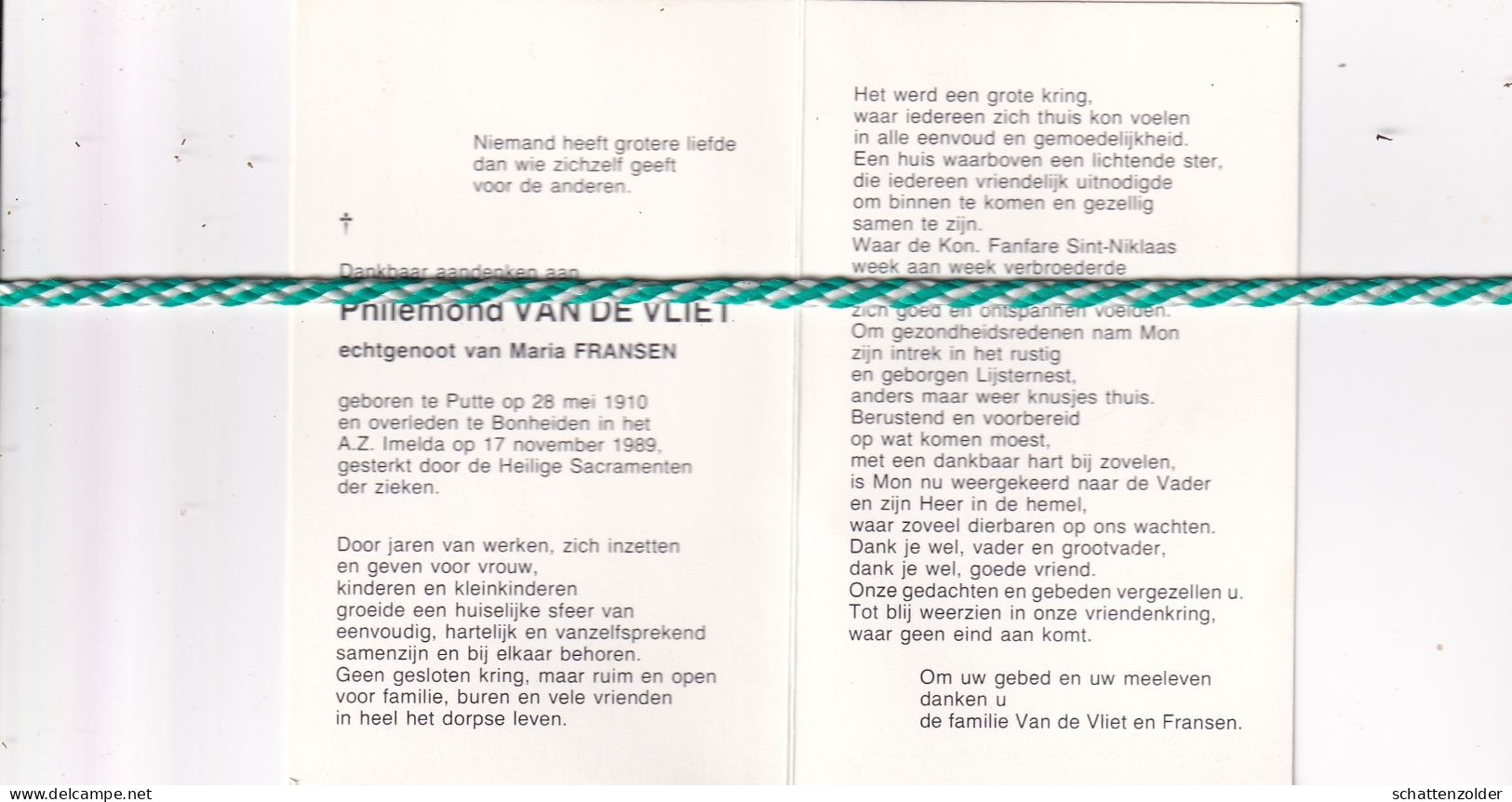 Philemond Van De Vliet-Fransen, Putte 1910, Bonheiden 1989. Foto - Obituary Notices