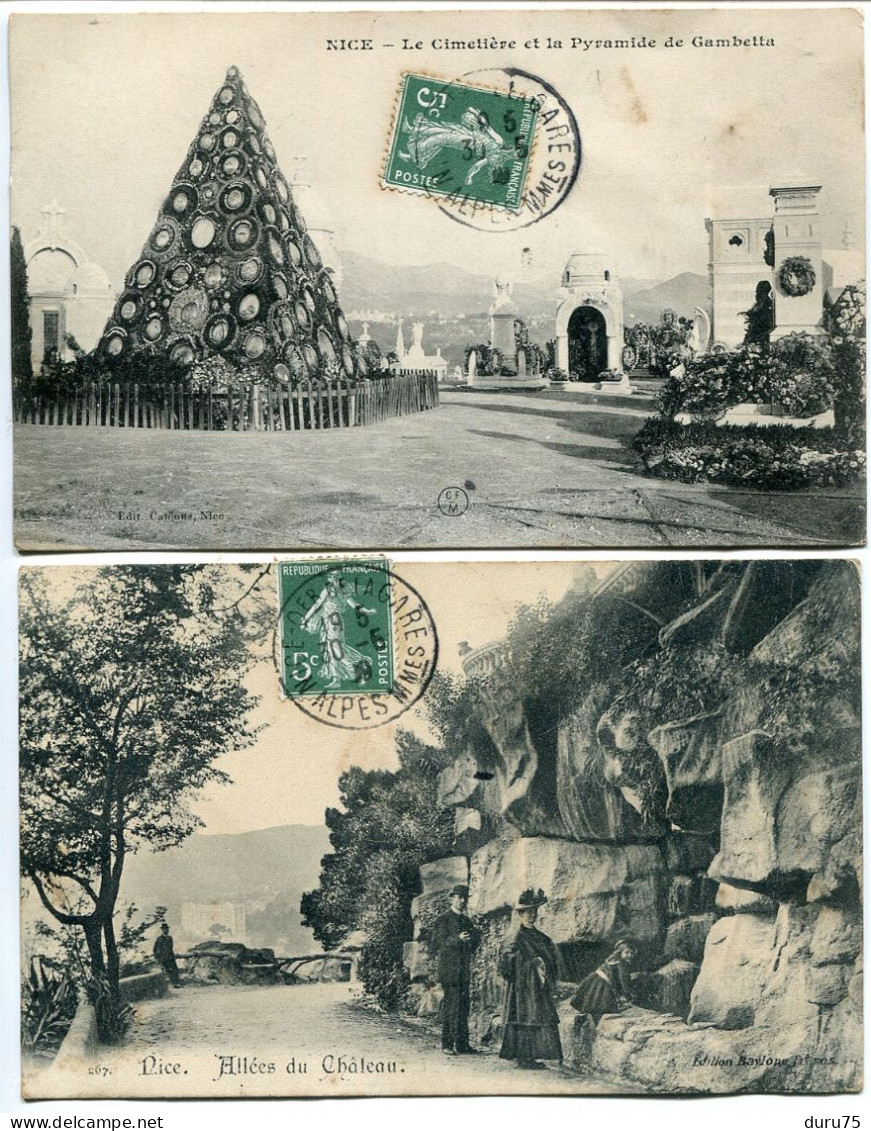 LOT 2 CPA Voyagé 1909 * NICE Le Cimetière Et La Pyramide De Gambetta & Allées Du Château ( Animée Couple Enfant ) - Altri & Non Classificati