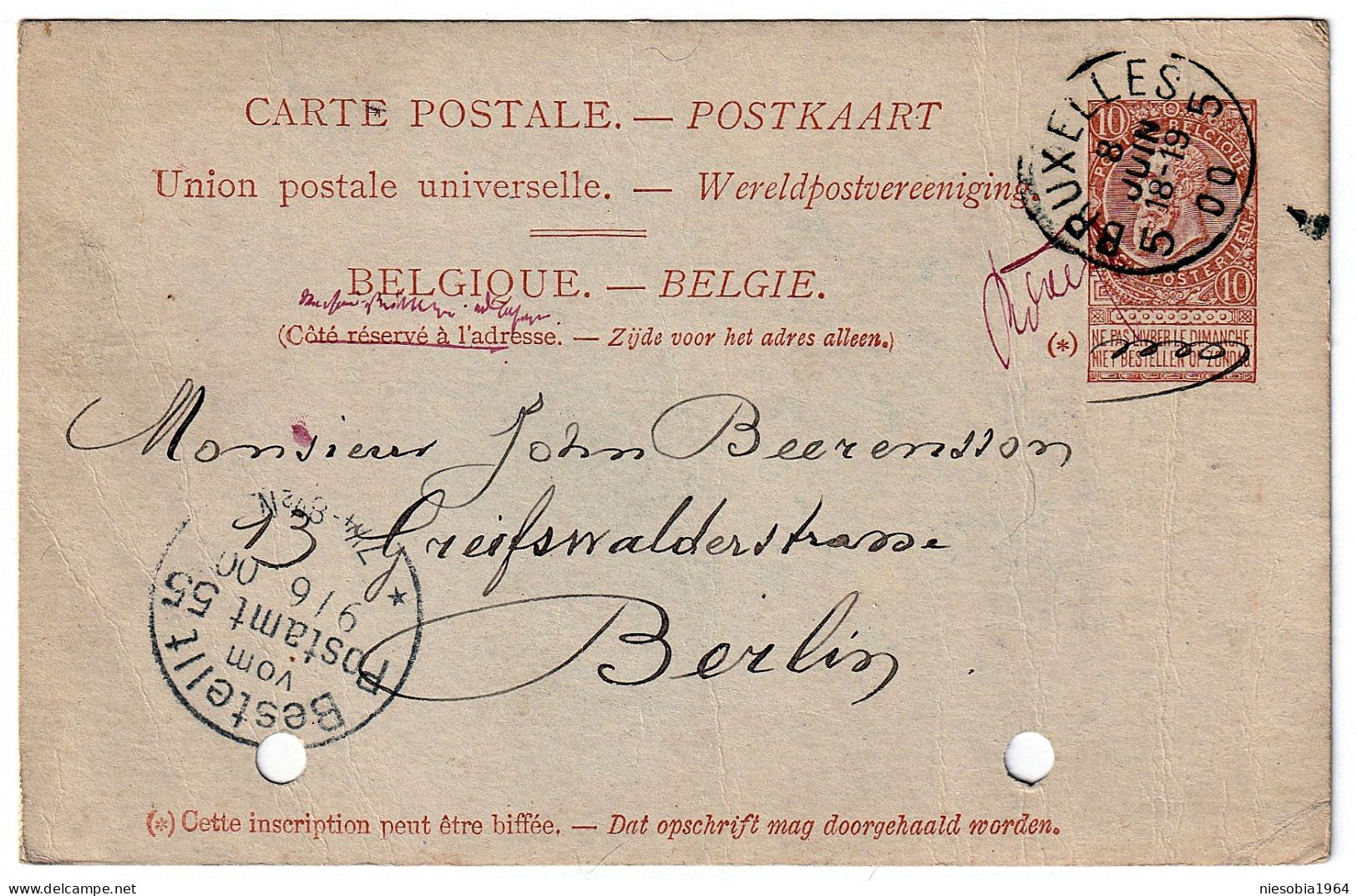 Vintage Postal Stationery XIX C. Belgium Postcard. / Briefkaart 's-Gravenhage 9.06.1900 Bestellt Vom Postamt 55 - Postkarten 1871-1909