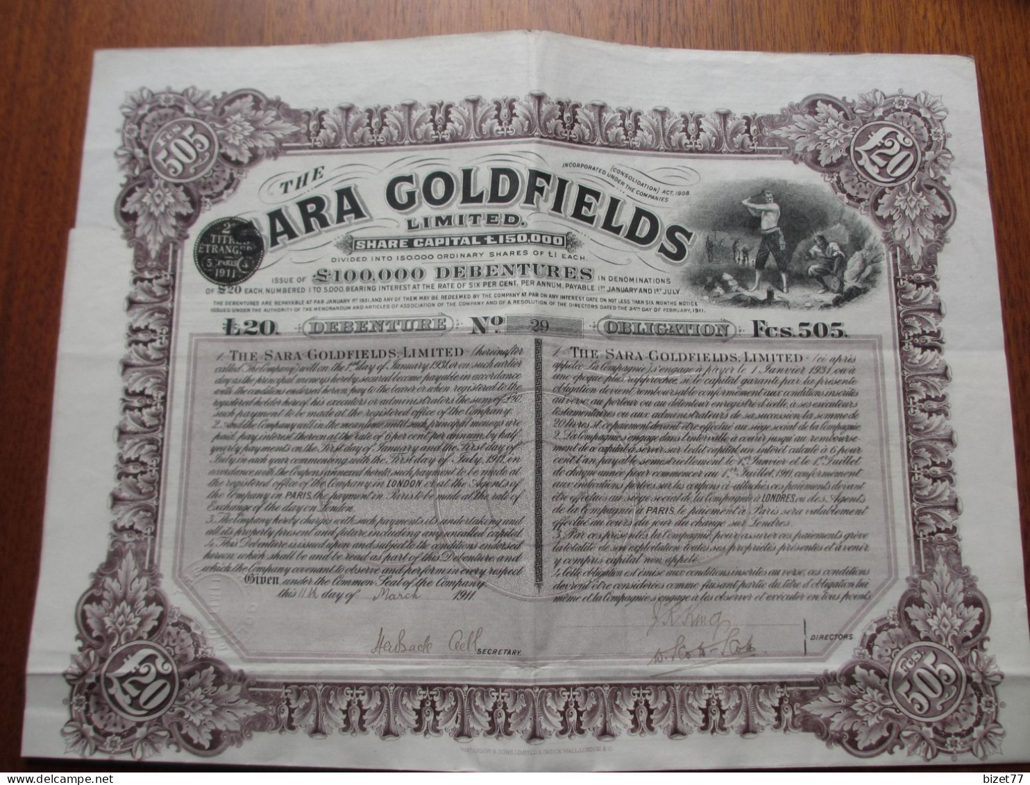 ANGLETERRE 1911 - THE ARA GOLFIELDS - OBLIGATION DE 505 FRS - - Andere & Zonder Classificatie