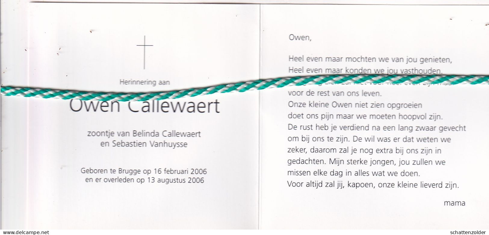 Owen Callewaert-Vanhuysse, Brugge 2006. Foto - Overlijden