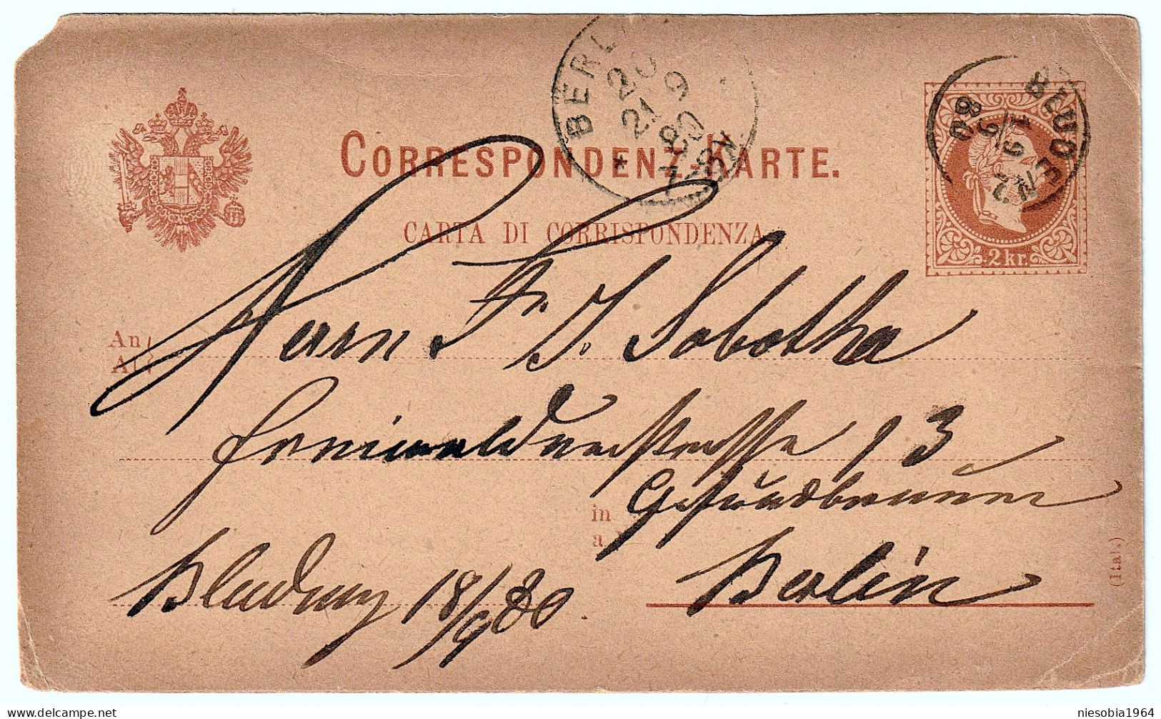 Vintage Postal Stationery 19/09/1880 Imperial Austrian Postcard / Belle-Époque Corespondenz-Karte Bludenz 1880 Zu Berlin - Lettres & Documents