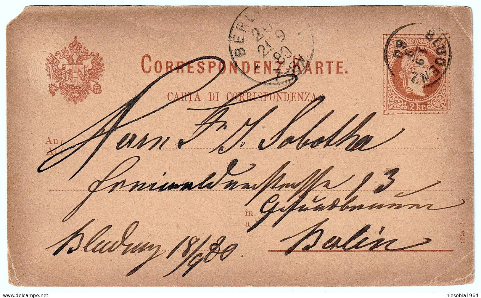 Vintage Postal Stationery 19/09/1880 Imperial Austrian Postcard / Belle-Époque Corespondenz-Karte Bludenz 1880 Zu Berlin - Briefe U. Dokumente