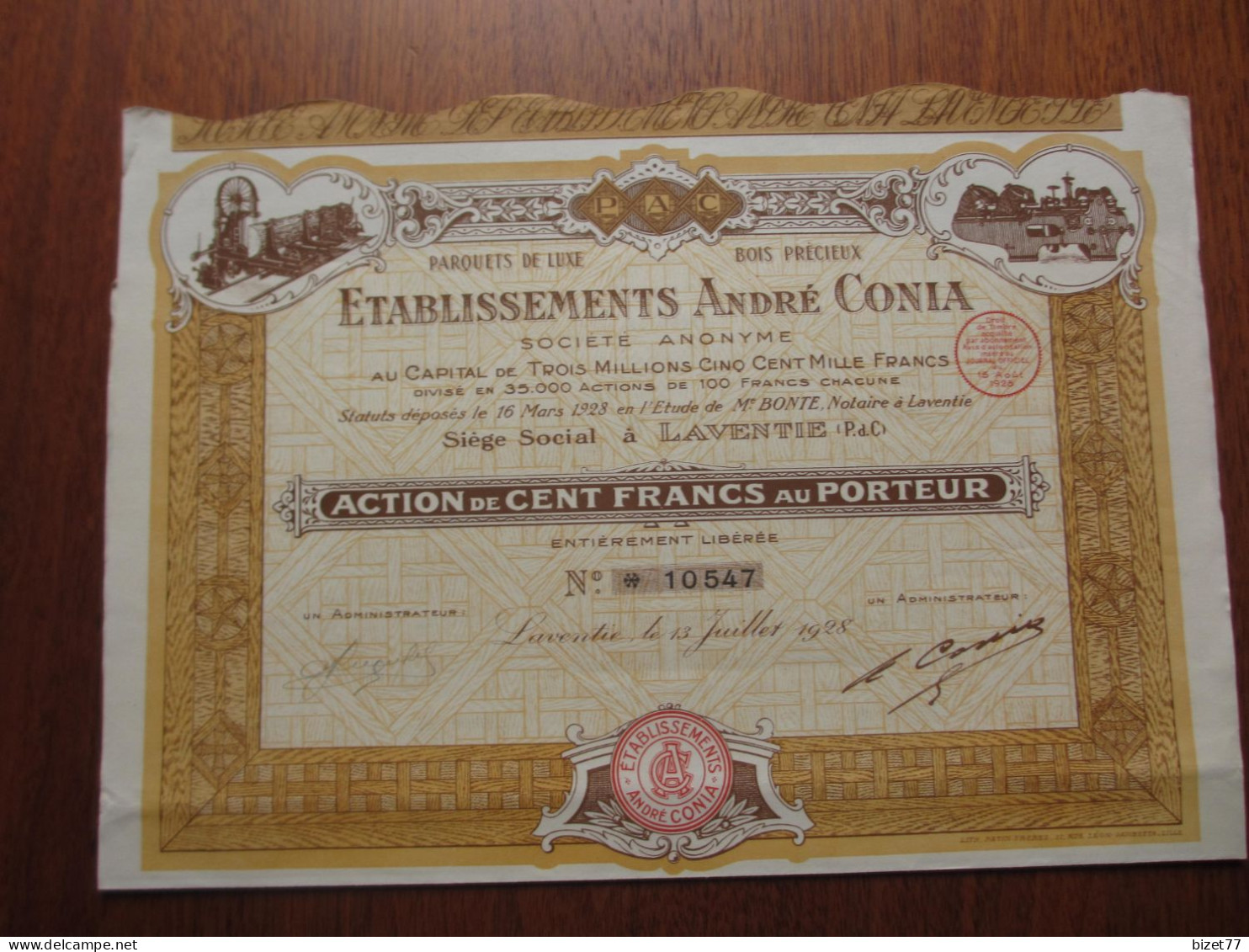 FRANCE - 62 - PAS DE CALAIS - LAVENTIE 1928 - ETS ANDRE CONNA : PARQUETS Et BOIS PRECIEUX - ACTION 100 FRS - Other & Unclassified