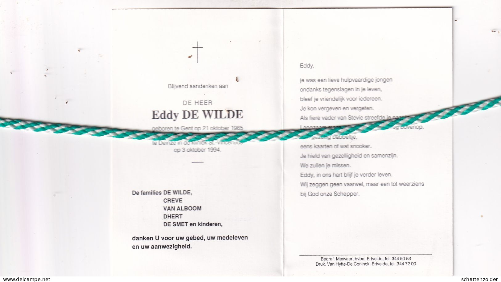 Eddy De Wilde, Gent 1965, Deinze 1994. Foto - Todesanzeige