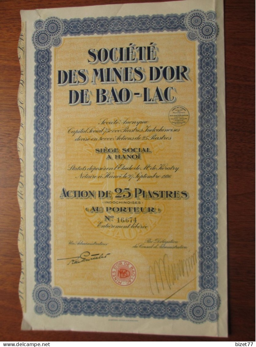 INDOCHINE - HANOI 1926 - 2 TITRES - STE DES MINES D'OR DE BAO-LAC - ACTION DE 25 PIASTRES - Otros & Sin Clasificación