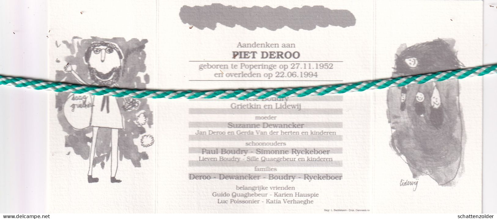 Piet Deroo-Boudry, Poperinge 1952, 1994. Tekening - Overlijden