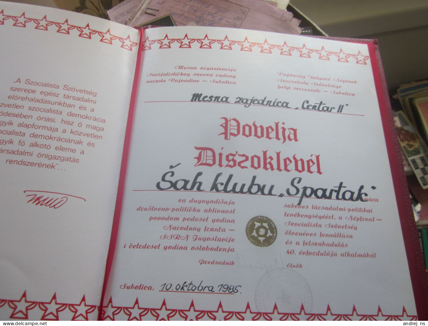 Povelja Disoklevel Charter Of The Chess Club Sah Klub Spartak Subotica Szabadka - Historische Documenten