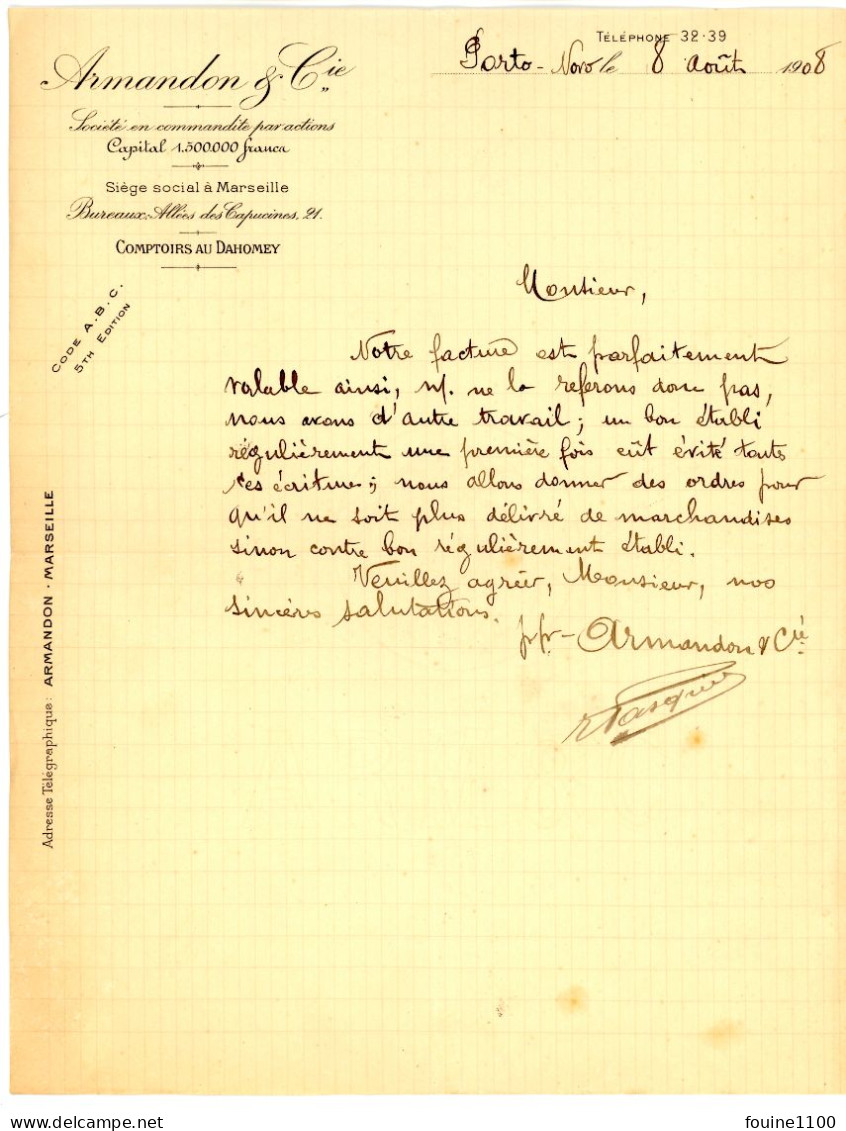 FACTURE Année 1908 ARMANDON & Cie Bureau à Marseille Comptoirs Au DAHOMEY - PORTO NOVO - Afrique - Sonstige & Ohne Zuordnung