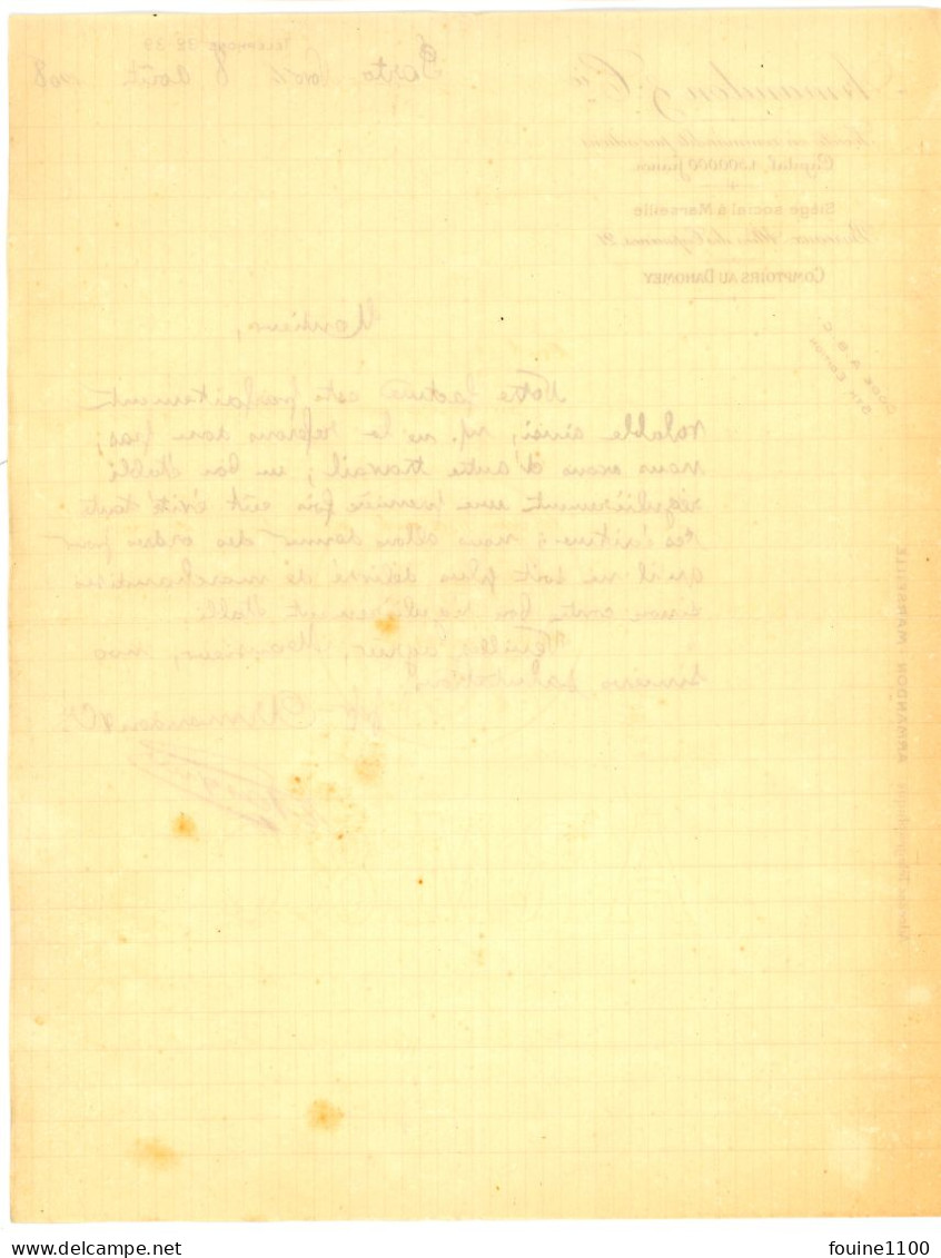 FACTURE Année 1908 ARMANDON & Cie Bureau à Marseille Comptoirs Au DAHOMEY - PORTO NOVO - Afrique - Sonstige & Ohne Zuordnung