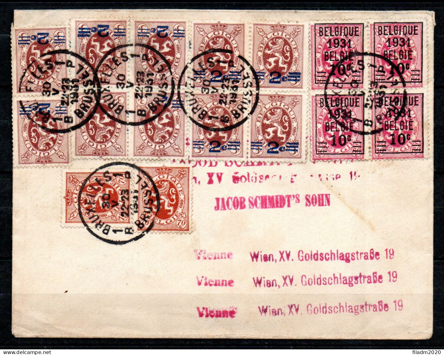 287 (2x) + 315 (10x) + 316 (4x) Gestempeld BRUXELLES - BRUSSEL 1B Naar VIENNE – WENEN - 1929-1937 Heraldischer Löwe