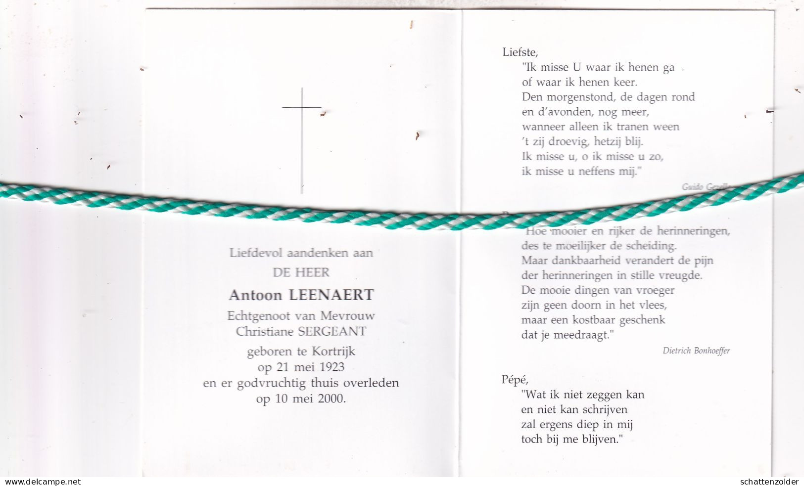 Antoon Leenaert-Sergeant, Kortrijk 1923, 2000. - Obituary Notices