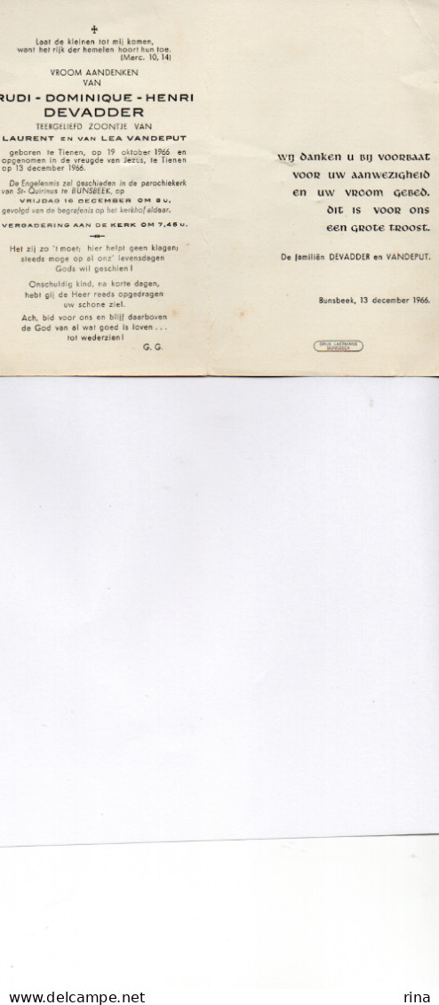 Rudi Dominique Henri Devadder Geb Tienen 19 Okt 1966 Overl 13 Dec 1966 Engelenmis Bunsbeek - Other & Unclassified